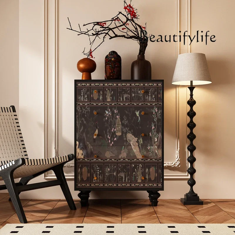 Medieval solid wood chest of drawers, living room entrance decorated against the wall, bedside retro storage locker