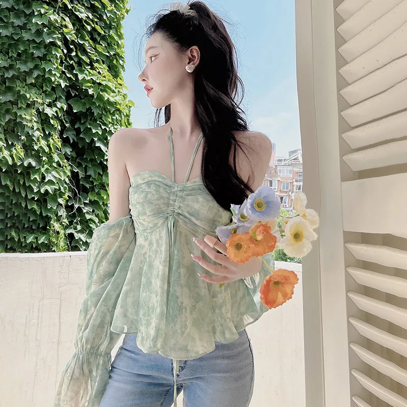 Summer Women\'s Sexy Shirt Off The Shoulder Chiffon Material Floral Decoration Top Elegant And Simple Strapless Top