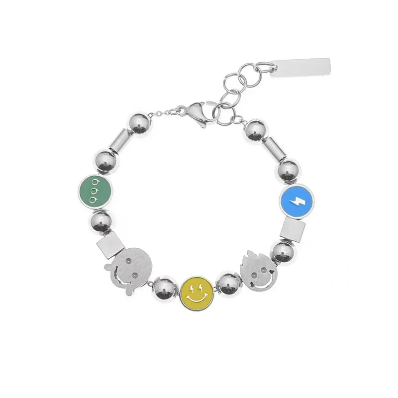 INS Hip-Hop Trendy Niche Design 666 Lightning Smiling Face Patchwork Bracelet Titanium Steel Couple Fashion Charm Jewelry