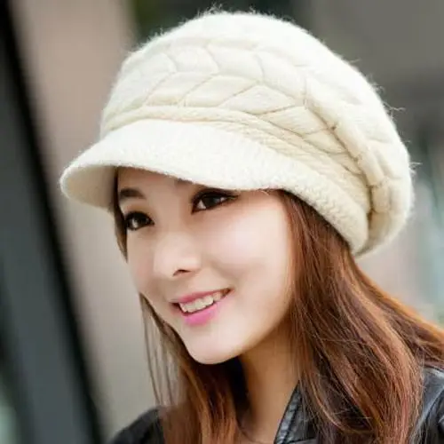 Women Winter Warm Knit Hat Wool Snow Ski Caps with Visor