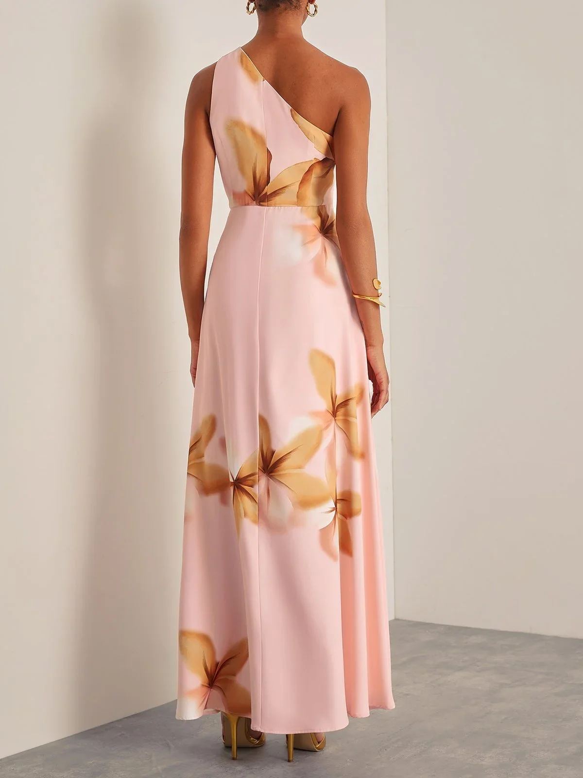 Customized Chic One-shoulder Sleeveless High Low Floral Print Prom Gowns Ankle Length Front Slit Women Formal Evening Dresses