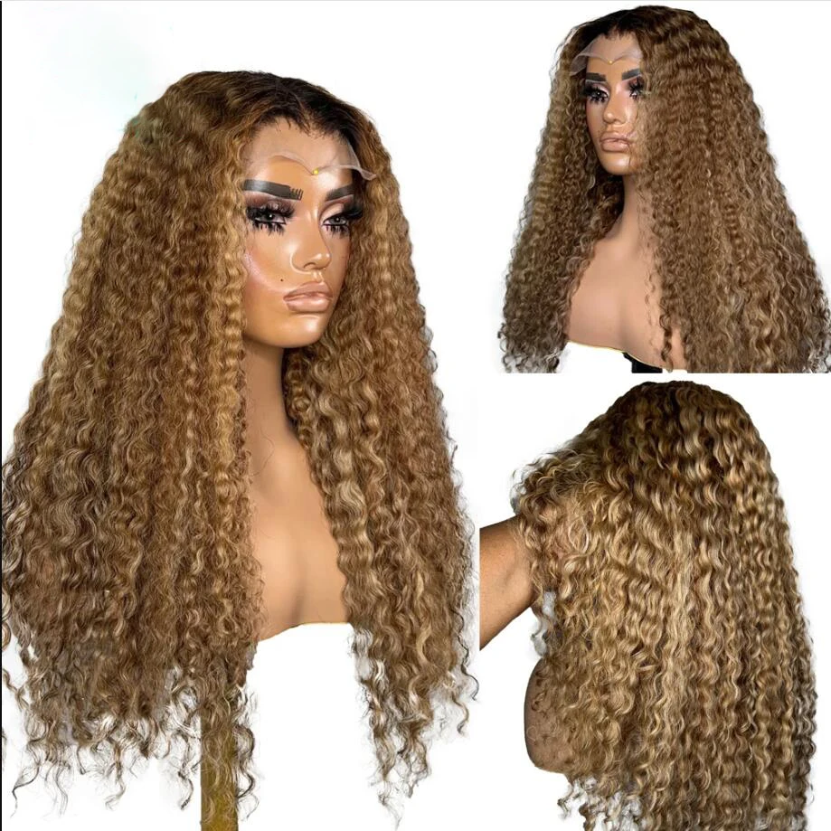 

Soft 26inch Long Ombre Honey Blonde 180%Density Kinky Curly Lace Front Wig For Black Women Baby Hair Glueless Preplucked Daily