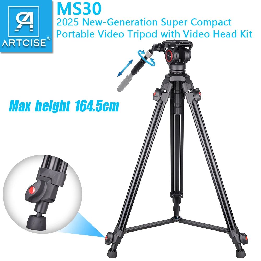 

ARTCISE MS30 HeavyDuty Aluminum Metal Video Camera Tripod with Adjustable Lever Fluid Head for Canon Nikon DSLR Camera Camcorder
