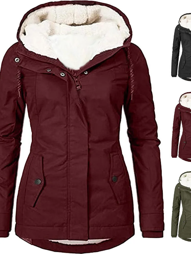 

High Quali Fce Lined Cotton Jaet Autumn Winter Women's Faion Comfortable Warm Hooded Zipper Closure Mid-Length Coat