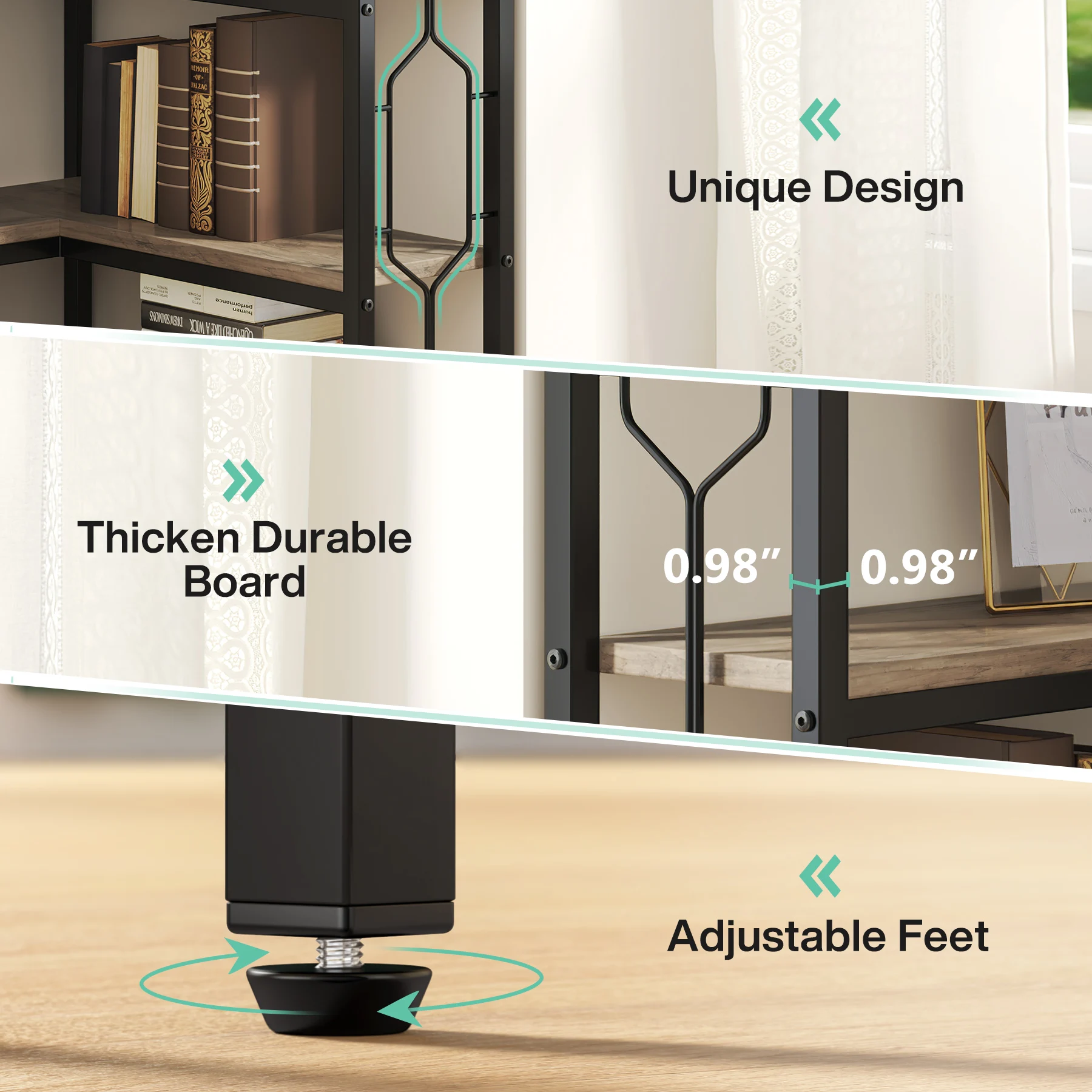 رف زاوية Tribesigns، رف كتب زاوية صناعي مكون من 7 طبقات، خزانة كتب Etagere ذات زاوية خشبية ومعدنية
