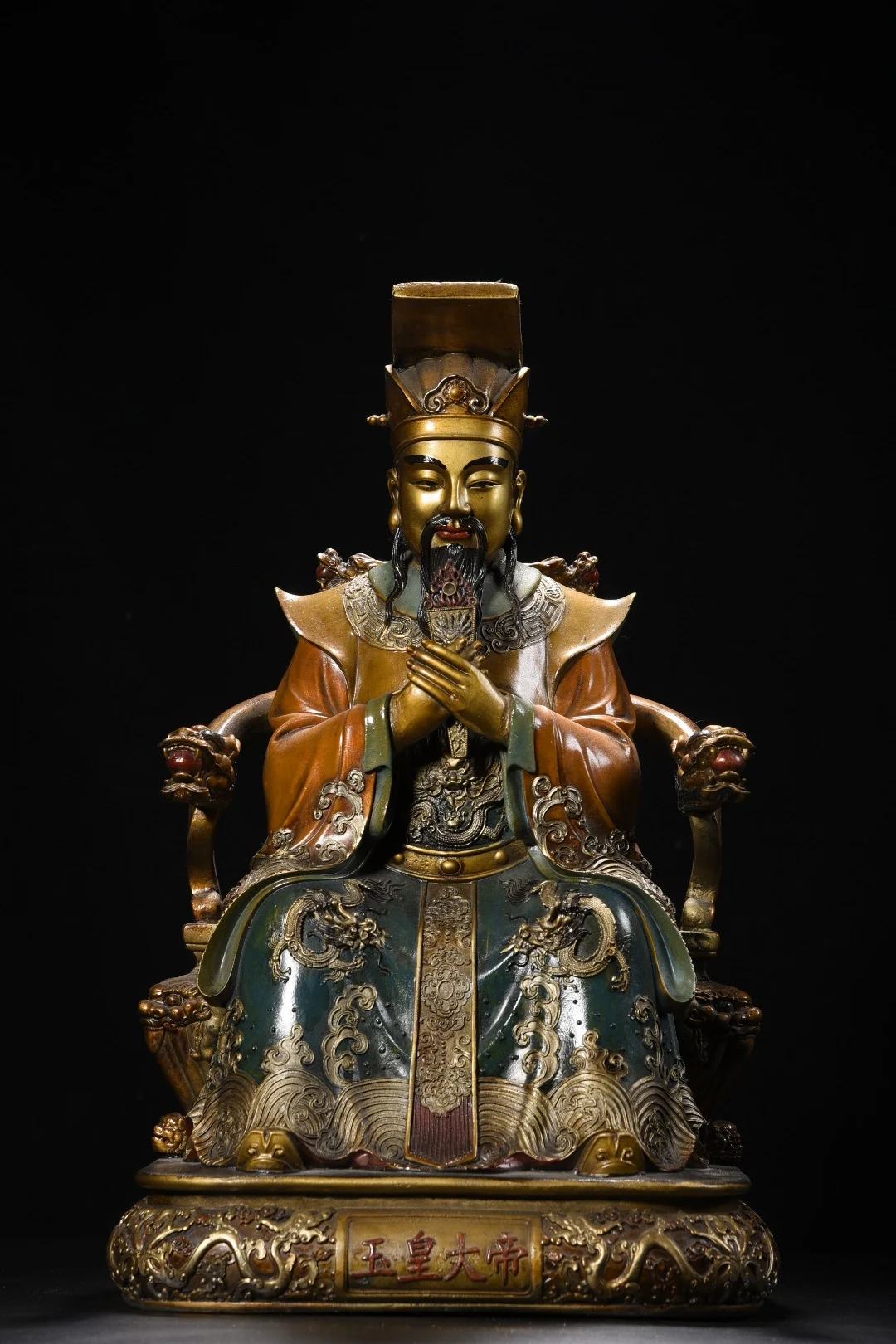 

19"Tibetan Temple Collection Old Bronze Painted Dragon patterned Jade Emperor Immortal Sitting on a Dragon Chair Worship Hall