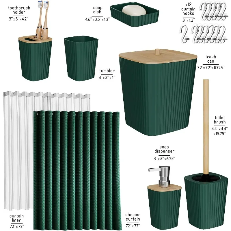 

Bathroom Accessories Set - Green Bathroom Set, 20PC Bathroom Accessory Set, Shower Curtain Set, Toilet Brush, Trash