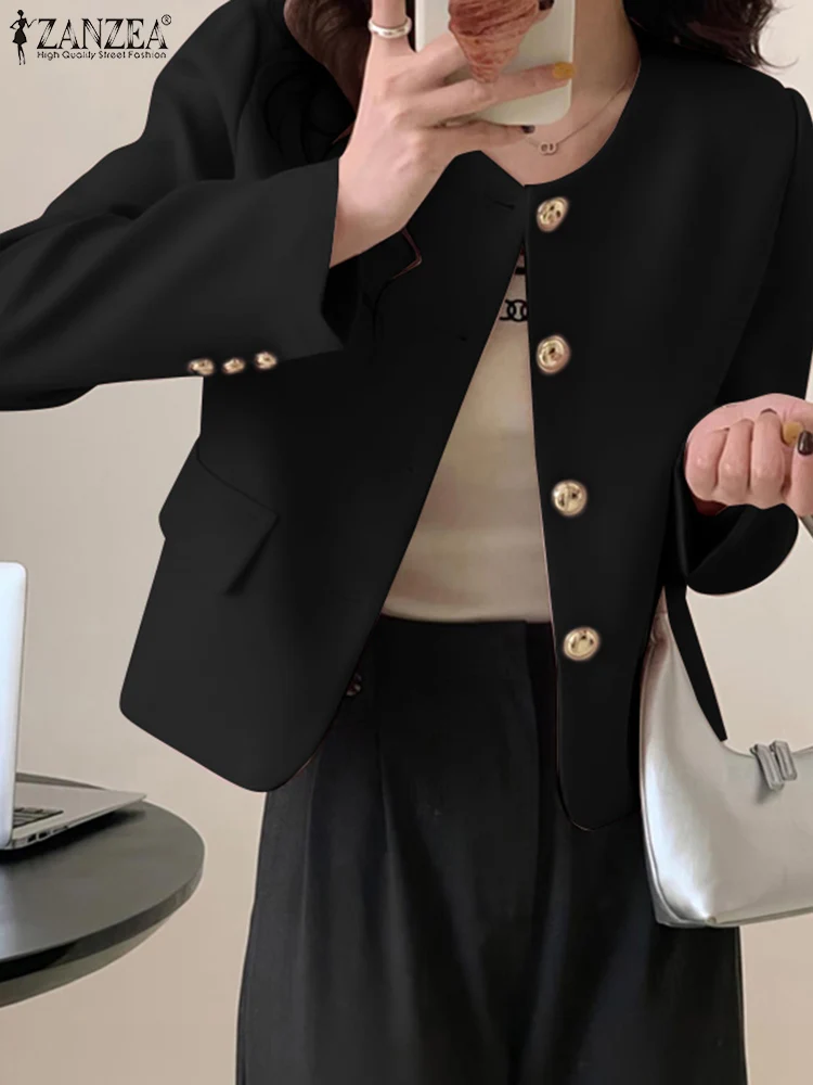 ZANZEA ファッション O ネック長袖女性ブレザー春固体作業 OL ブレザースーツ薄いコートカジュアルジャケットオフィスレディ生き抜く