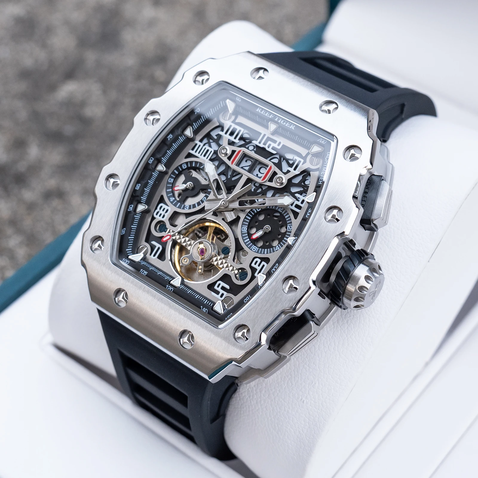 REEF TIGER Titan Roségold Tonneau Multifunktionale Mechanische Uhr für Herren Tourbillon-Design Wasserdichte Automatikuhr RGA3009