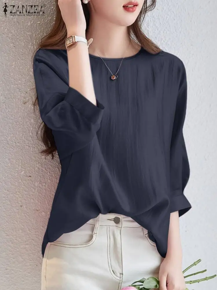 

Женская летняя блузка ZANZEA, модная офисная рубашка, повседневные плиссированные топы с круглым вырезом и рукавом 3/4, однотонные свободные блузы, большие размеры, 2024