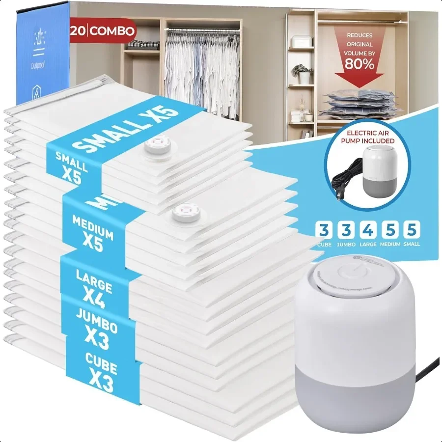 Paquete de 20 bolsas de almacenamiento al vacío con bomba de aire eléctrica, bolsas de almacenamiento selladas al vacío, 3 cubos, 3 gigantes, 4 grandes, 5 medianos, 5 pequeños, ahorradores de espacio Ba