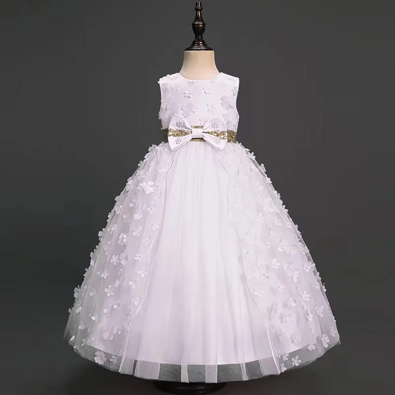 

Summer Formal Sequin Bow Flower Kids Long Dress For Girls Children Sleeveless Costume Elegant Party Wedding First Communion Gown