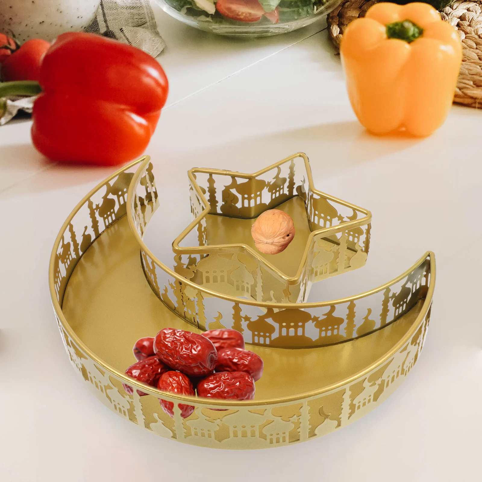 

2 Pcs Moon Star Tray Iron Reusable Clean Muslim Festival Food Serving Large Capacity Eid Kitchen Fruit Plate Ramadan Decor Home