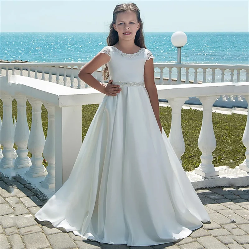 Robe de demoiselle d'honneur en satin de couleur blanche pour enfants, dentelle de tulle, manches courtes, ceintures à nœuds, occasion Bio Poke, robe de Rhde princesse, fête d'anniversaire