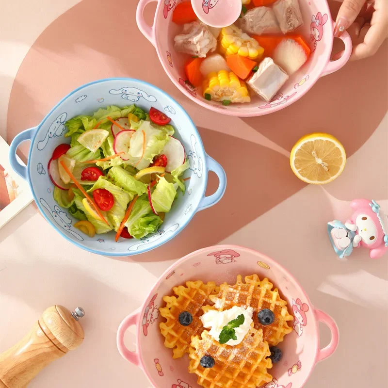 

Sanrio Kawaii My Melody Double-ear Ceramics Soup Bowl Cinnamoroll Anime Cartoon Cute Household Kitchen Yogurt Salad Noodle Bowl