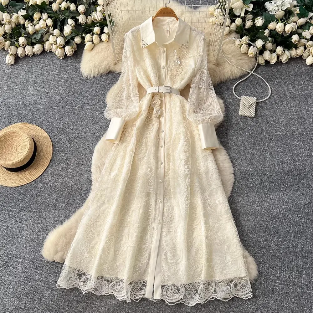 

Роскошное женское платье с бисером и кружевной вышивкой, с отложным воротником, длинными рукавами-фонариками, на одной пуговице, для весенне-осенних вечеринок и дней рождения