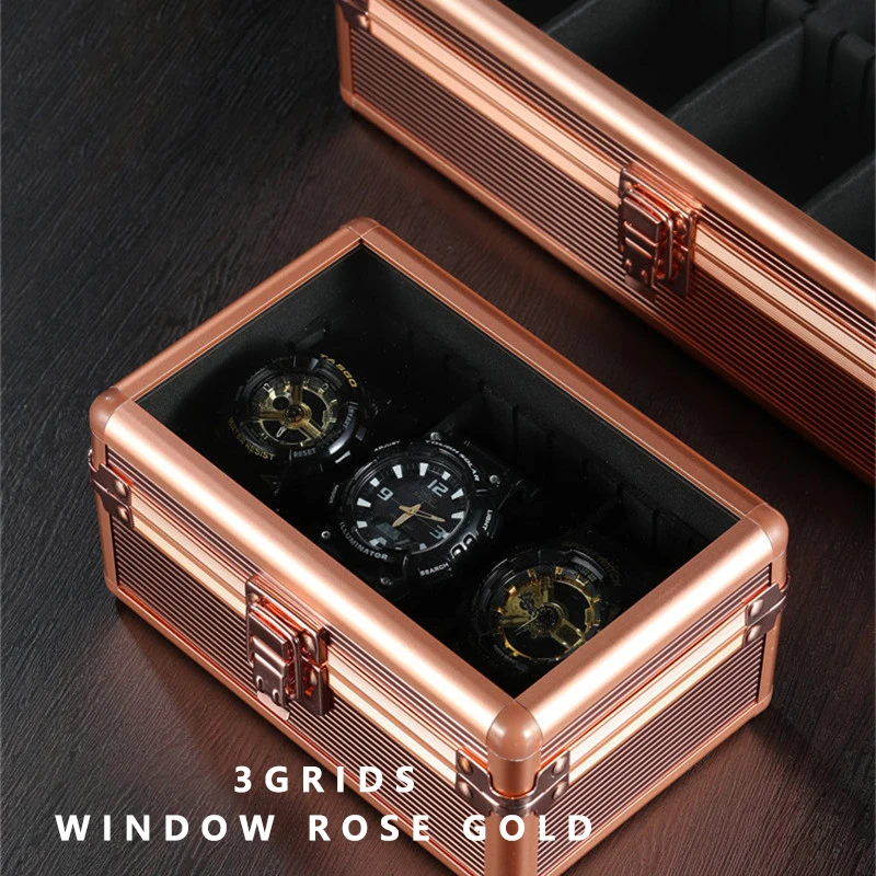 Practical 3 slot Watch Box  Aluminum Alloy Watch Display Case Glass Top Watch case Watch Storage Box