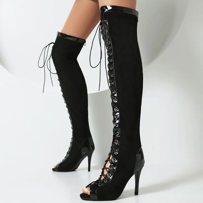 

Черные высокие сапоги на каблуке, женские летние пикантные сапоги выше колена с открытым носком, женские туфли на шнуровке для ночного клуба, танцевальной вечеринки, большой размер 48