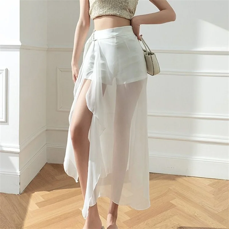 

Elegant Asymmetric Party Club Skirt With Shorts Mujer Faldas 881P Fashion Women's Long Skirt Summer New Sexy Sheer Split Skirts