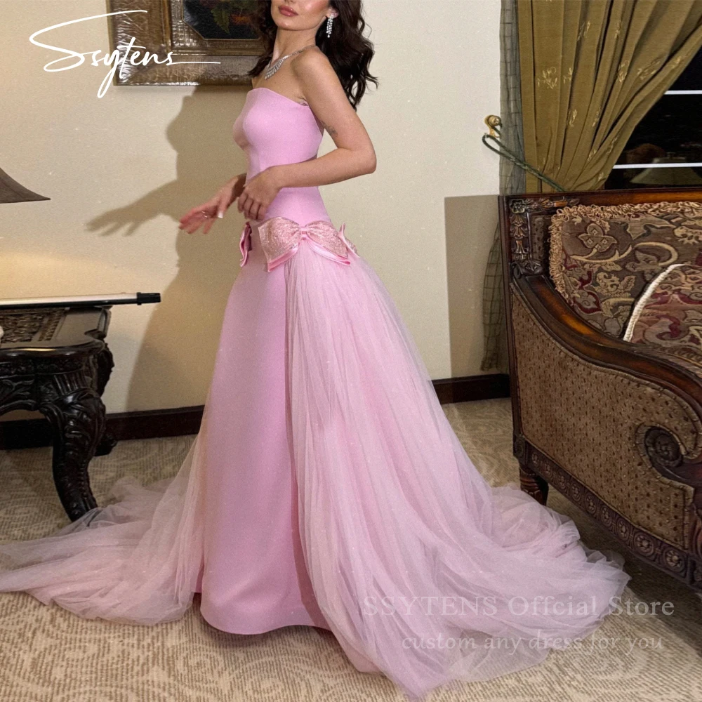 

SSYTENS Pink Evening Dresses For Wedding Party Strapless Floor Length Engagement Prom Gowns Elegant Vestido de fiesta Customized