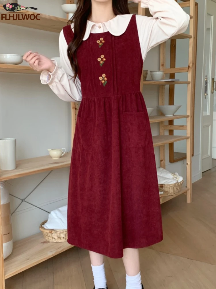 Robe chemise boutonnée en velours côtelé vintage pour femmes, broderie de fleurs, élégante, rétro, mignonne, chic, japonaise, filles Mori, vêtements féminins, robe éducative