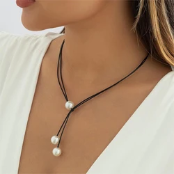 Vintage Fashion Rope Chain Necklace Women Fashion Statement Handmade Imitation Pearl Pendant Adjustable Neck Jewelry Gift