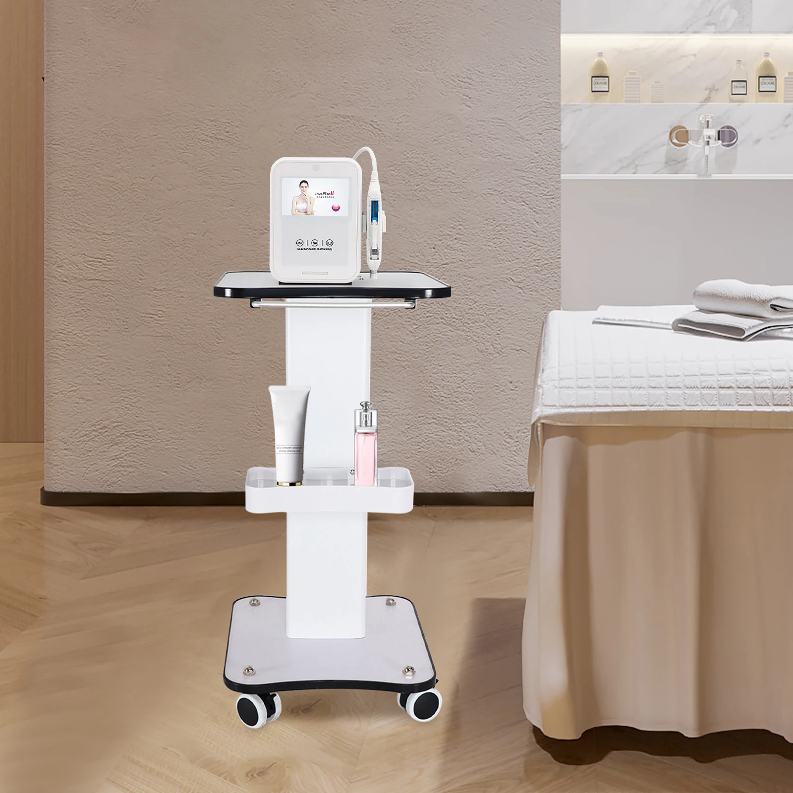 Carrinho branco de 3 andares com alça Rack de armazenamento de alta carga Prateleira multifuncional