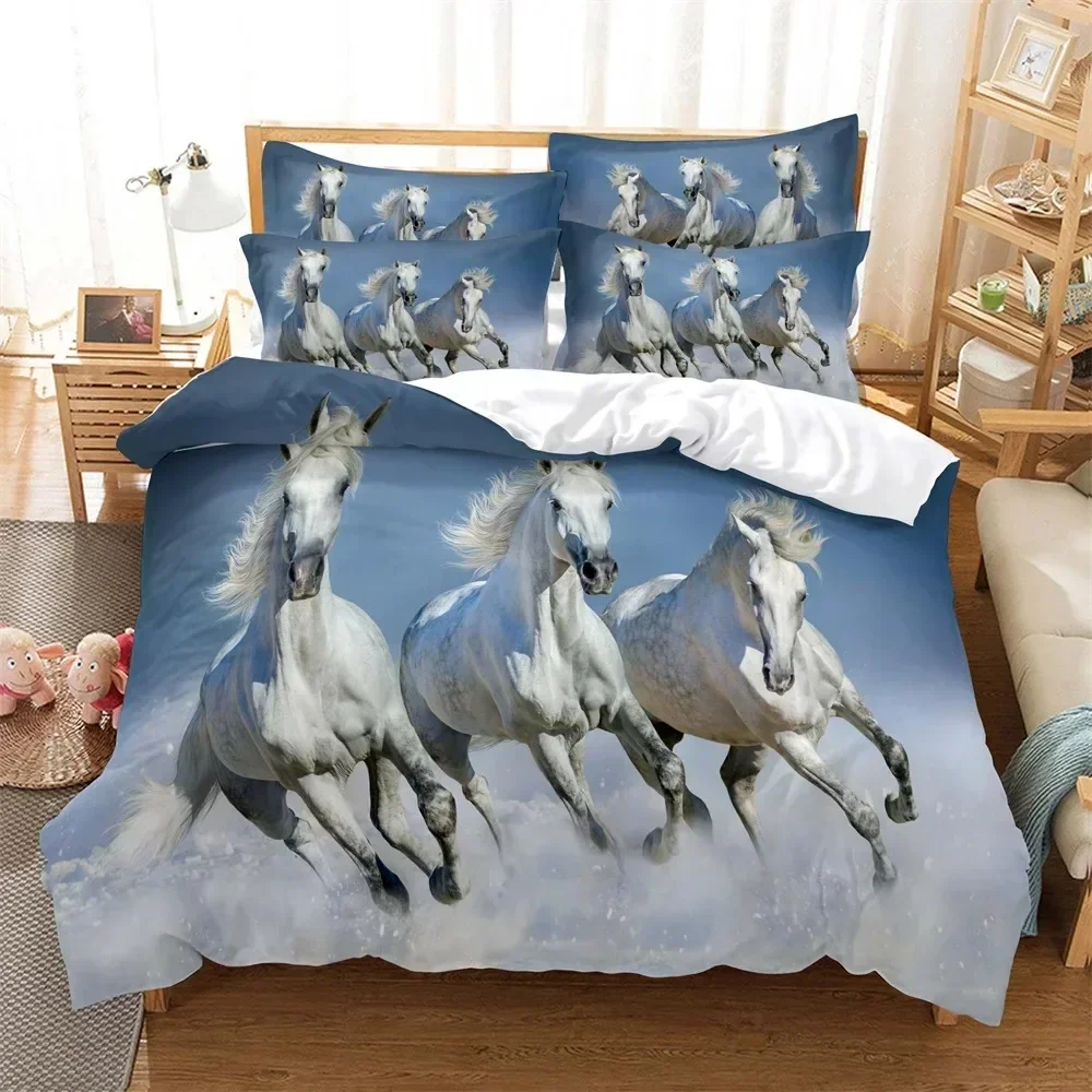 

Three white horses Bedding 3D Digital Printing Cartoon Plain Weave Craft For North America And Europe Bedding Set Queen