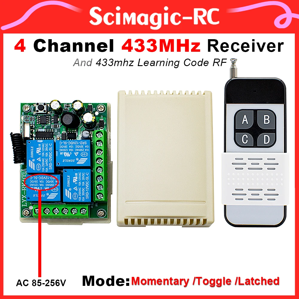 

AC 85-256V Relay 4 Channel Remote Control Motor Light Switch With 433MHz RF and Momentary /Toggle /Latched Mode