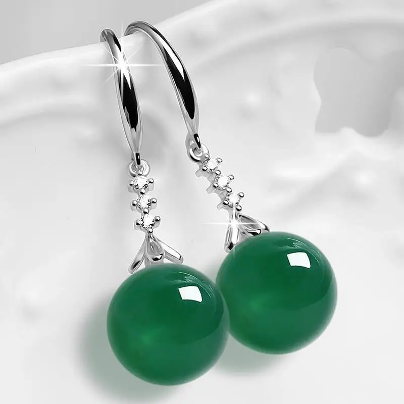 New natural agate earrings female temperament chalcedony green agate earrings net red new emerald long earrings anti-gem earring