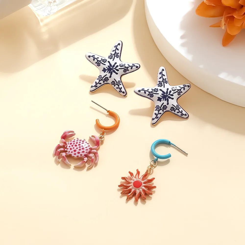 2pair/set Gothic Color Printing Starfish Star Ear Stud Crab Sun Pendant Earrings for Women Summer Versatile Jewelry Accessories