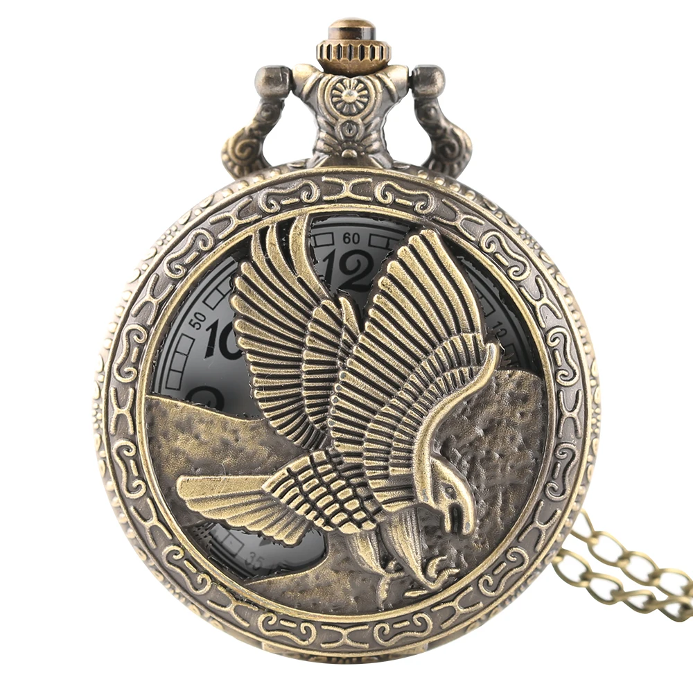 Fly Eagle Half Hunter Antique Pocket Watch Arabic Numerals Dial Vintage Gift Men Women Necklace Watches Quartz Pocket Timepiece