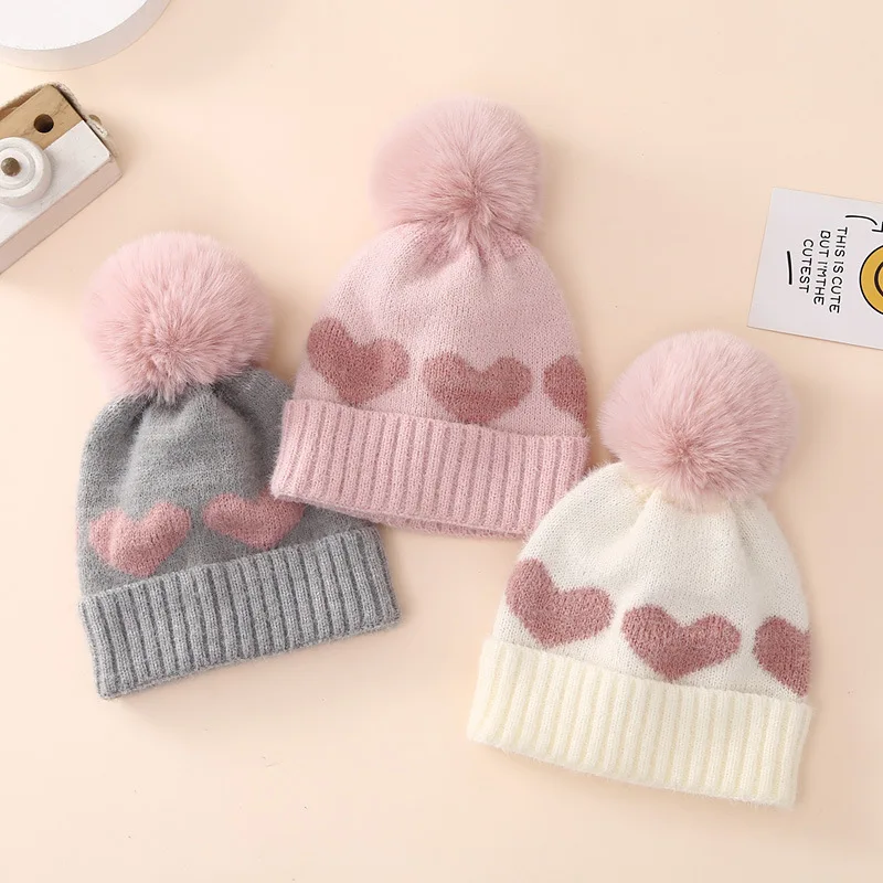 Winter Baby Knitted Hat Soft Pompom Newborn Beanie Cap Cute Love Heart Crochet Warm Infant Girls Hats Bonnet