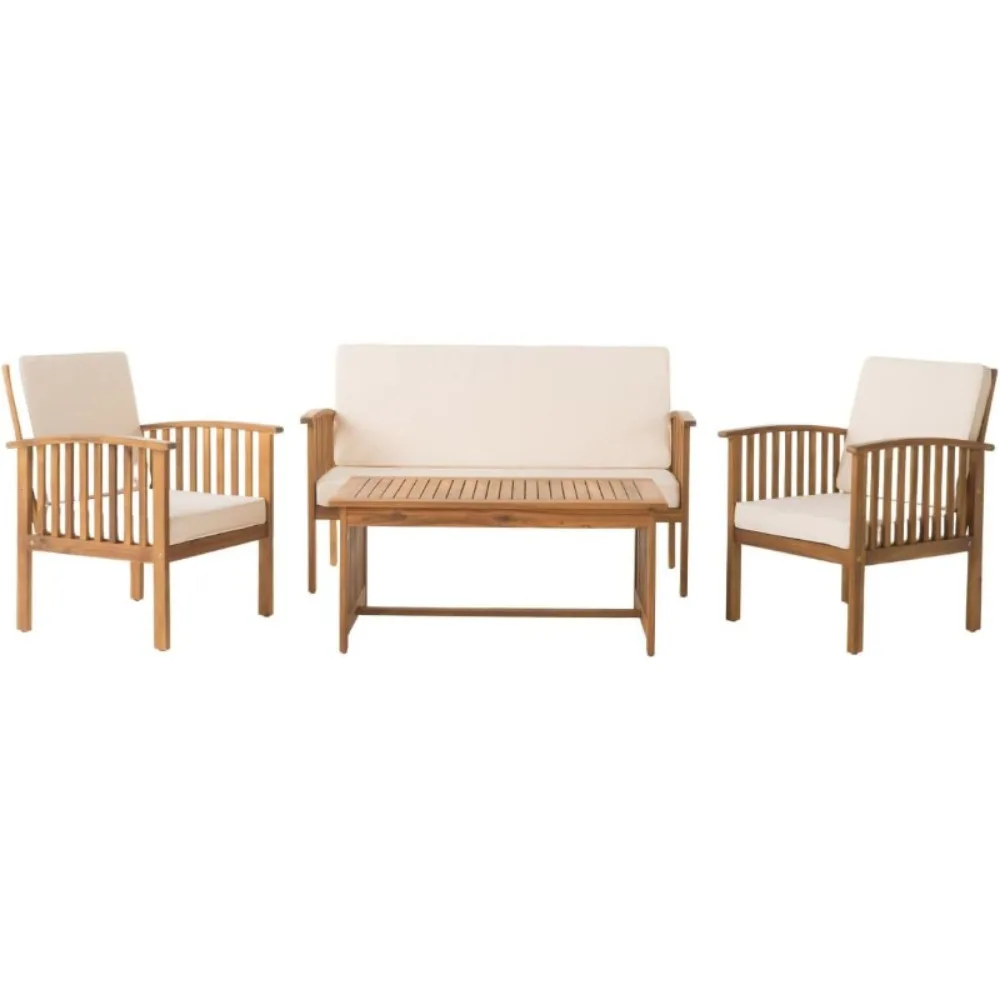 Carolina Outdoor Acacia Sofa Set, 4-Pcs Set, Brown Patina + Cream Cushion, outdoor patio furniture