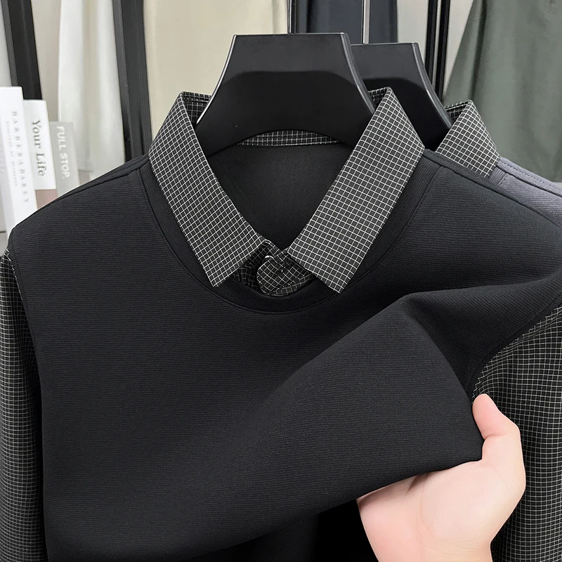

Men's Autumn New Style Trendy False Two-Piece Long-Sleeved T-Shirt Collar Long Shirt High Quality Business Casual Men's Wear