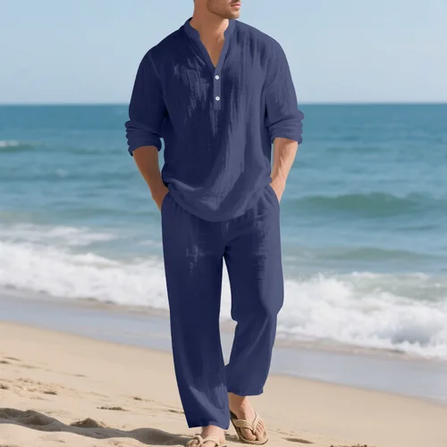 Imagen 2 del producto Traje de lino de otoño para hombre, camisa Henley de manga larga en V, holgada, informal, transpirable, estilo playero, con pantalones de pierna recta, 2 conjuntos