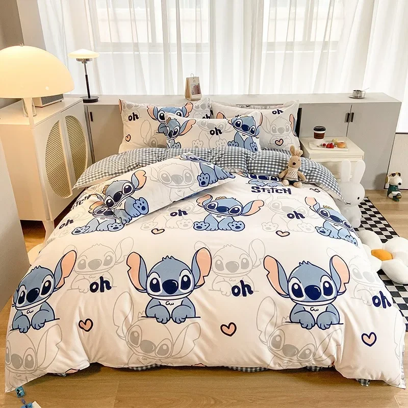 Juego de cama Disney Stitch Mickey Mouse, sábanas con estampado de dibujos animados, juego de sábanas de poliéster de 4 piezas, juego de colcha,