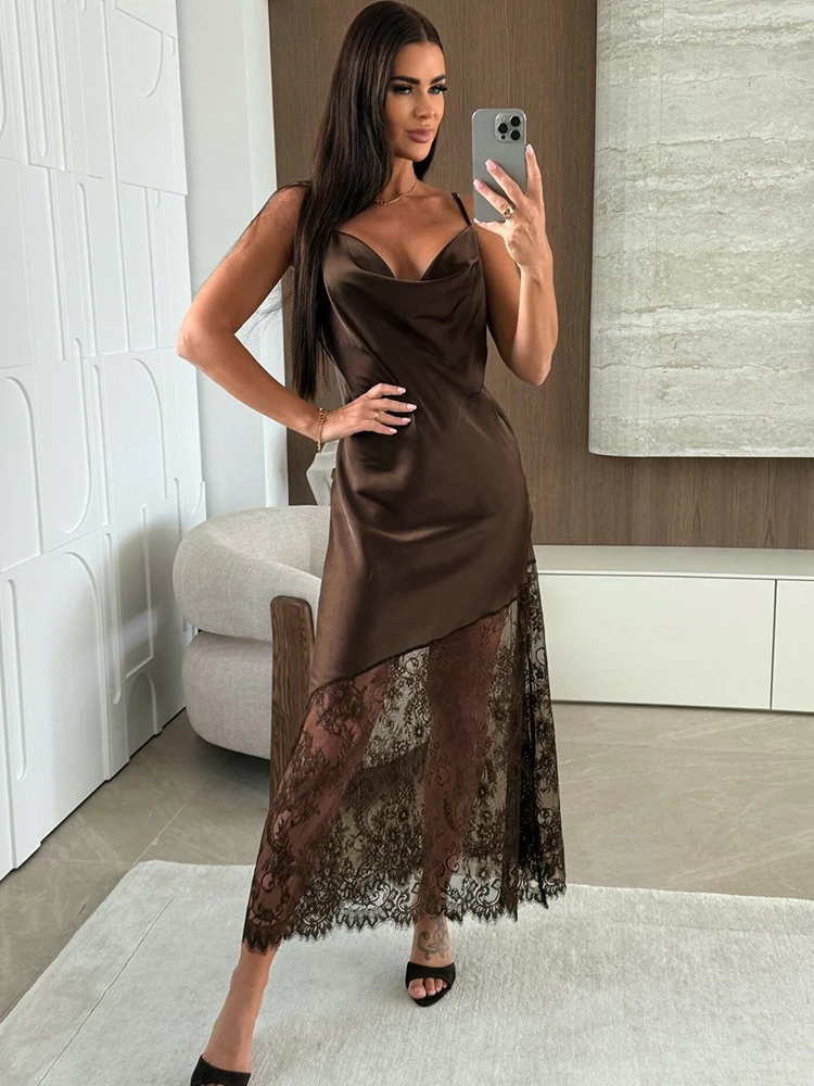 

Tuularose Fashion Lace Long Dress Women's New Sexy V-Neck Lace Satin Patchwork Halter Dress Elegant Luxury Vintage Party Dresses
