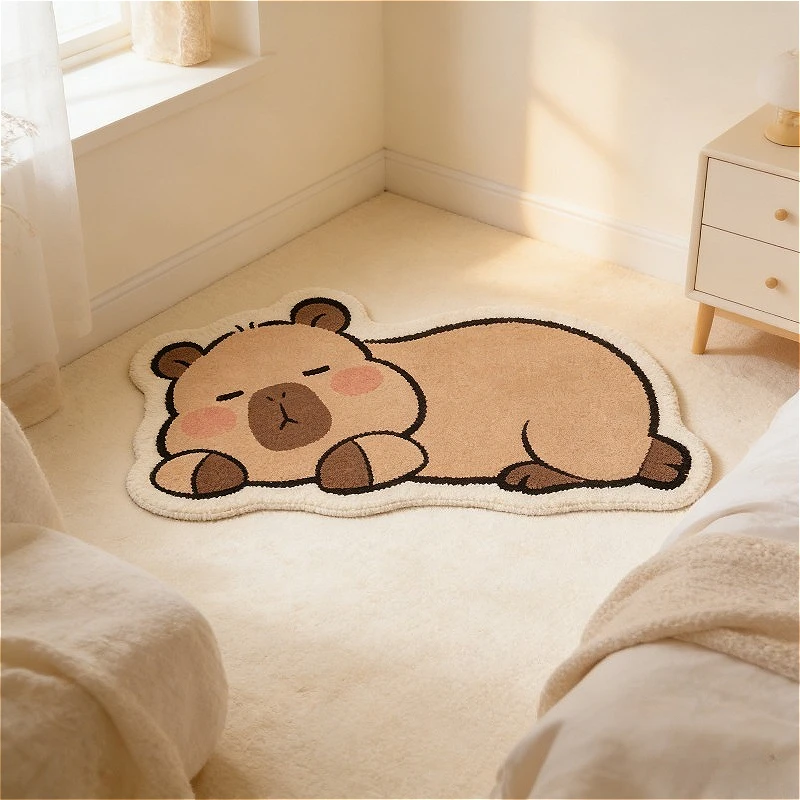 VIKAMA Sleeping Capybara Shaped Cartoon Rug 2D Fluffy Print Non Slip Soft Irregular Kids Bedroom Balcony Floor Mat