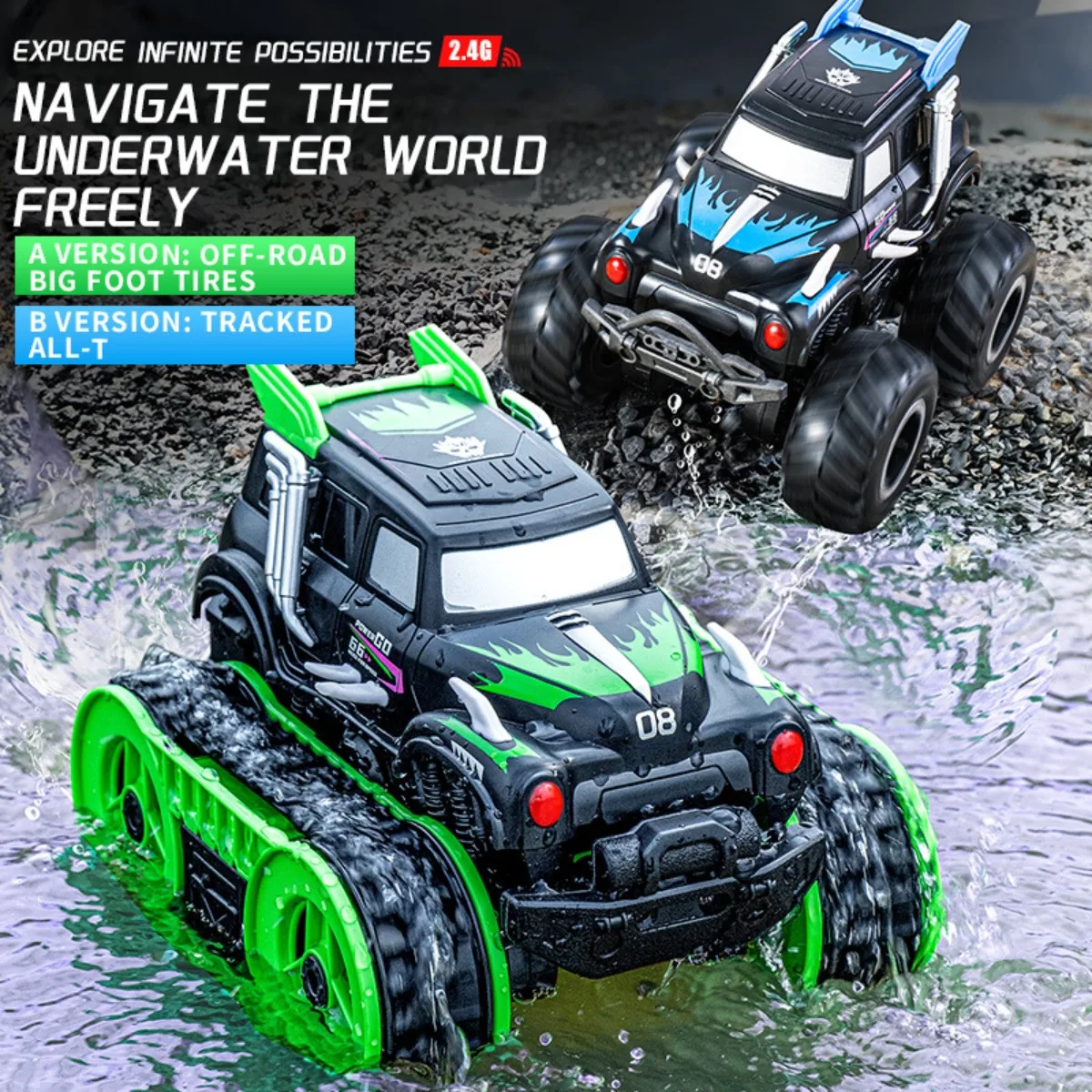 Amphibious Remote Control Stunt Car With Big Tires And Crawler Tracks For Kids All-Terrain Toy Vehicle