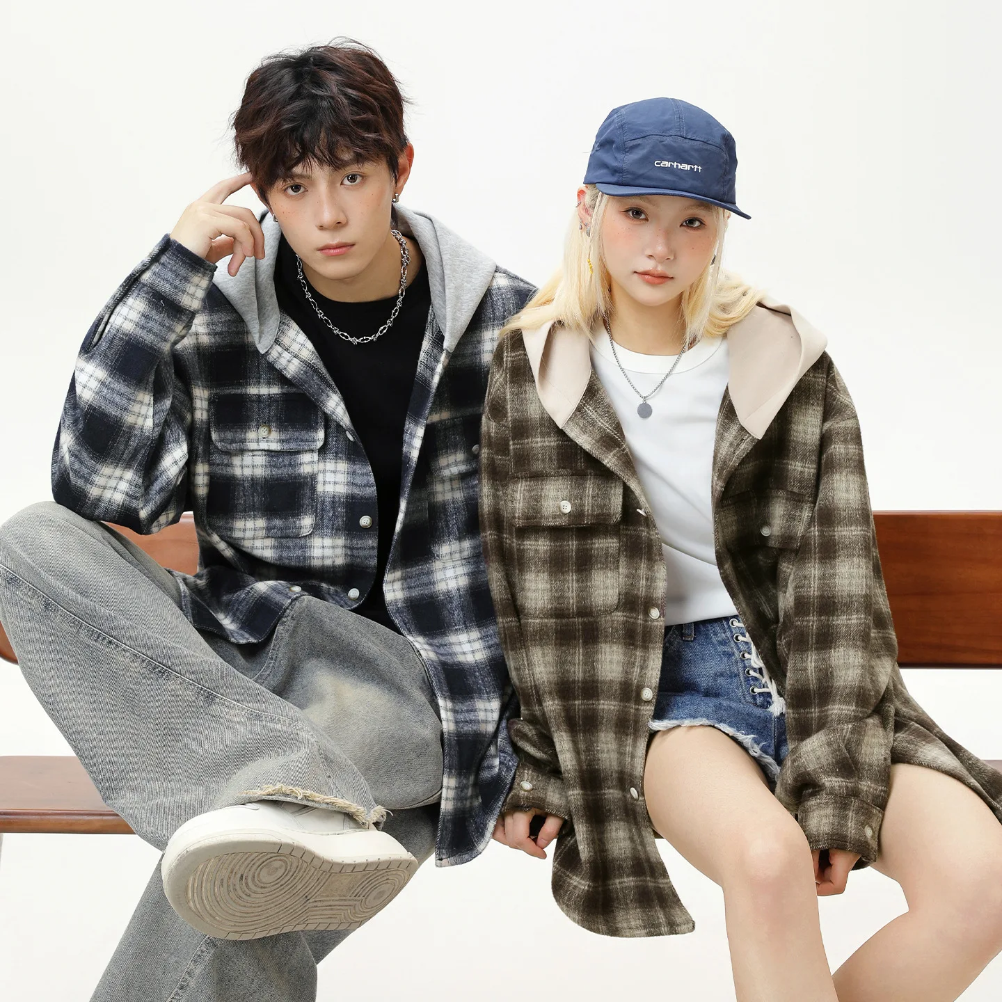 2026 New Color-Contrasting Patchwork Check Long-Sleeved Hooded Shirt for Men - Fall Loose Fit Trendy Brand Shirt Jacket