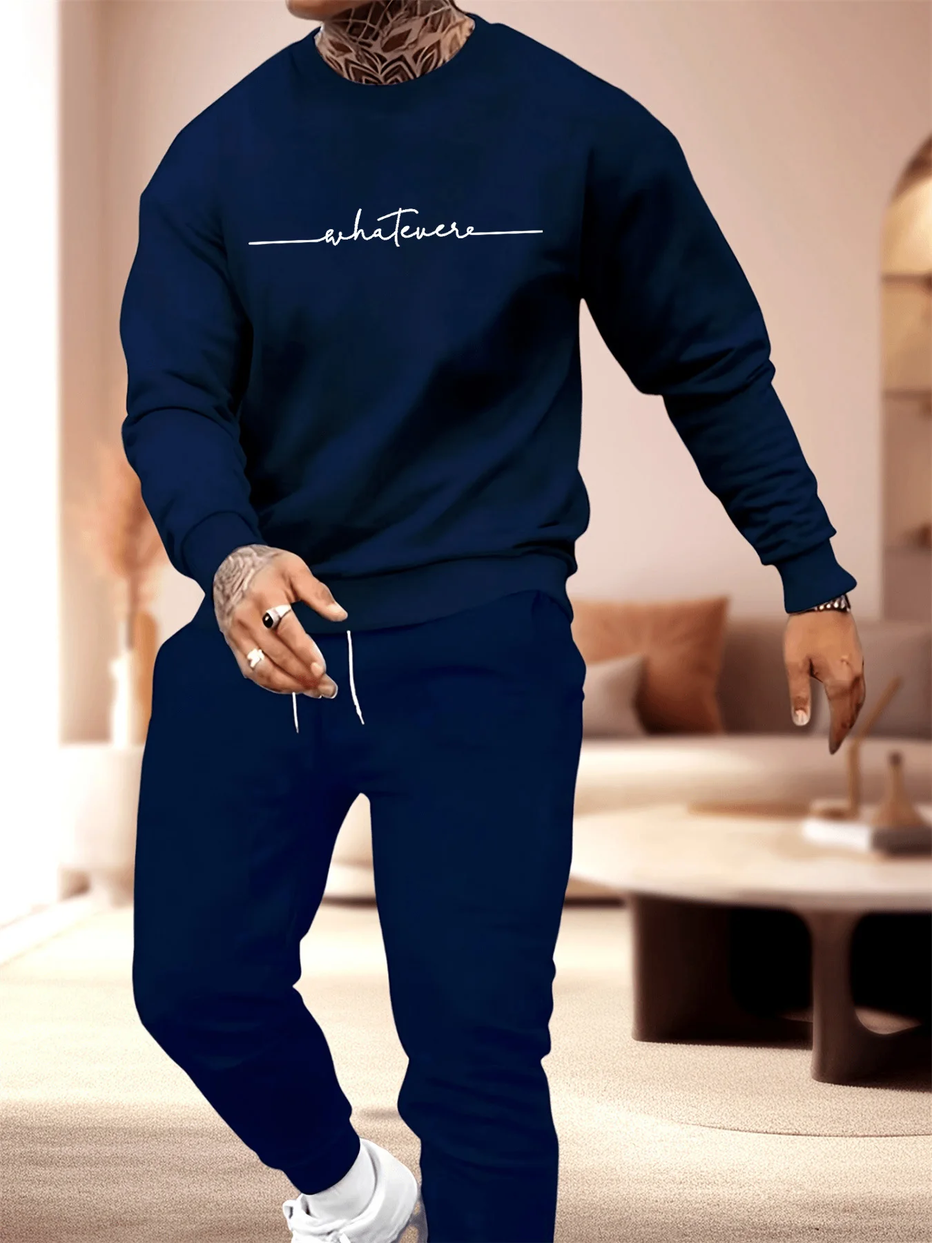 

Мужская осенне-зимняя повседневная теплая простая свободная и толстая бархатная толстовка с круглым вырезом и спортивные штаны с буквенным принтом