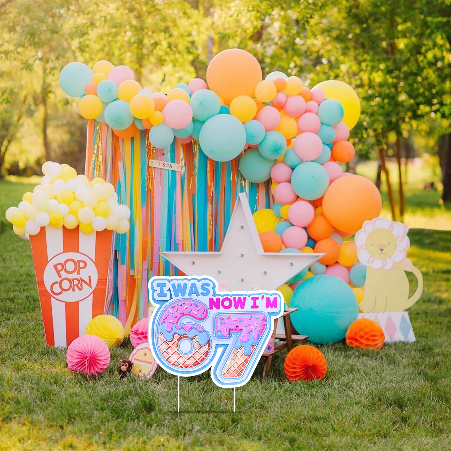 Six Seven Ground Insertion Birthday Outdoor Garden Party Decorations 67 Honeycomb Hanging Banner Desktop Center Piece Kids Favor - view 3