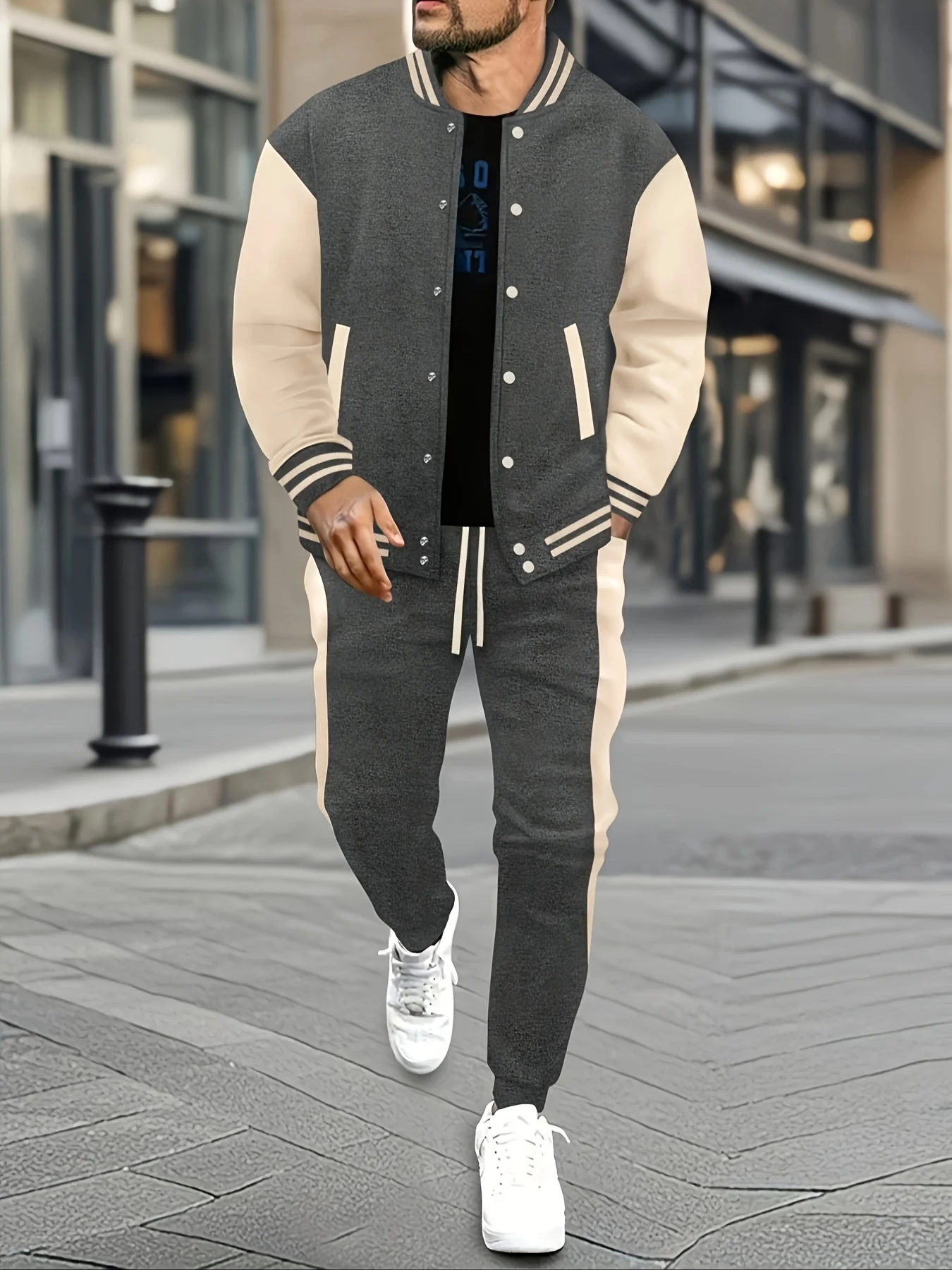 Men's Casual Baseball Jacket & Pants Color Block Polyester Button-Up with Belt Detail for Spring/Fall 1/2pieces