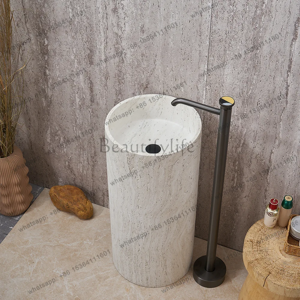 Wabi Sandy Wind Beige Travertine Pillar Basin Integrated Floor-to-ceiling Designer Art Basin Vertical Washbasin