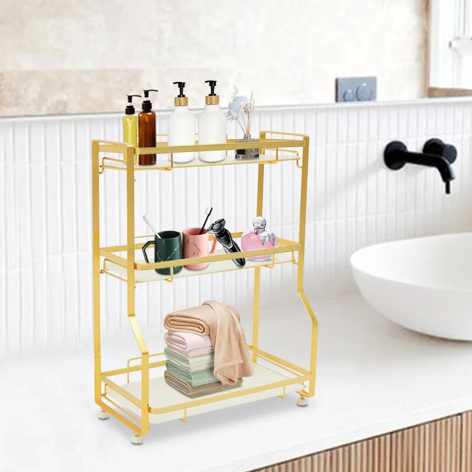

3-Tier Bathroom Countertop Organizer, Gold Vanity Organizer with Small Storage Basket for Skincare, Makeup, and Perfume