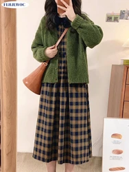 Coffee Plaid Dresses 2023 Basic Wear New Design Chic Korea Fashion Japan Mori Girls Style Retro Vintage Long Shirt Dress Cotton