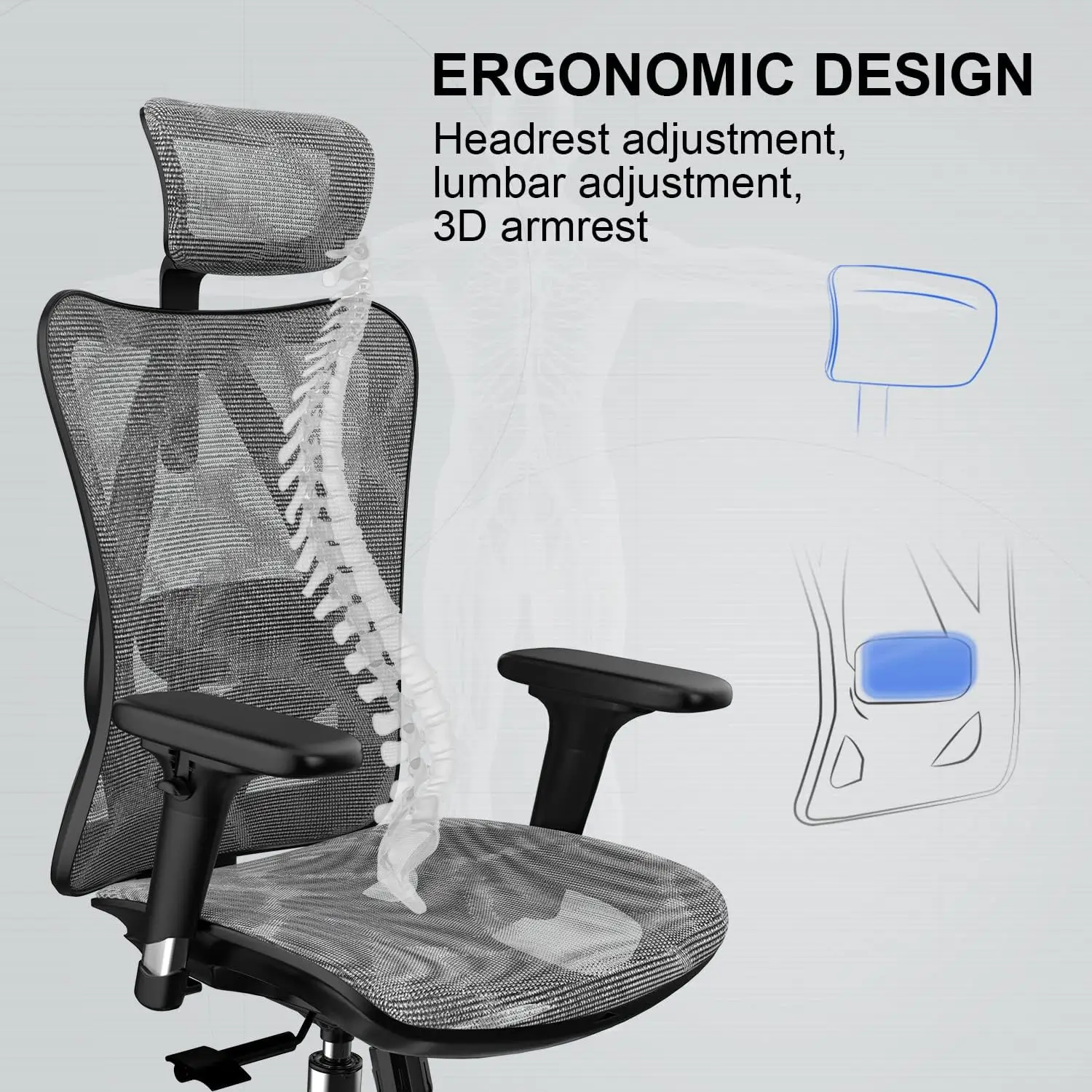 Silla de oficina ergonómica con reposabrazos de 3 vías, soporte lumbar, reposacabezas ajustable, función de inclinación de Espalda alta, color gris