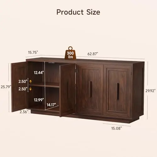63 Inch Sideboard Buffet Cabinet with Storage, Large Coffee Bar Cabinet with 4 Doors, Adjustable Shelves, Credenza