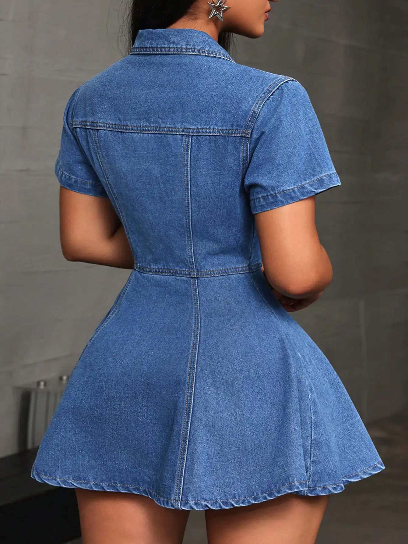 

Women's Short Sleeve Single-Breasted Denim A-Line Mini Dress
